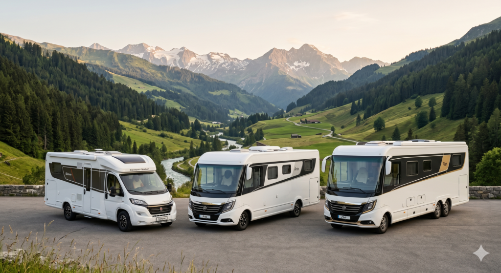 Tři modely obytných vozů Niesmann + Bischoff pro rok 2025 vedle sebe: kompaktní iSmove, elegantní Arto a luxusní liner Flair v horském průsmyku.
